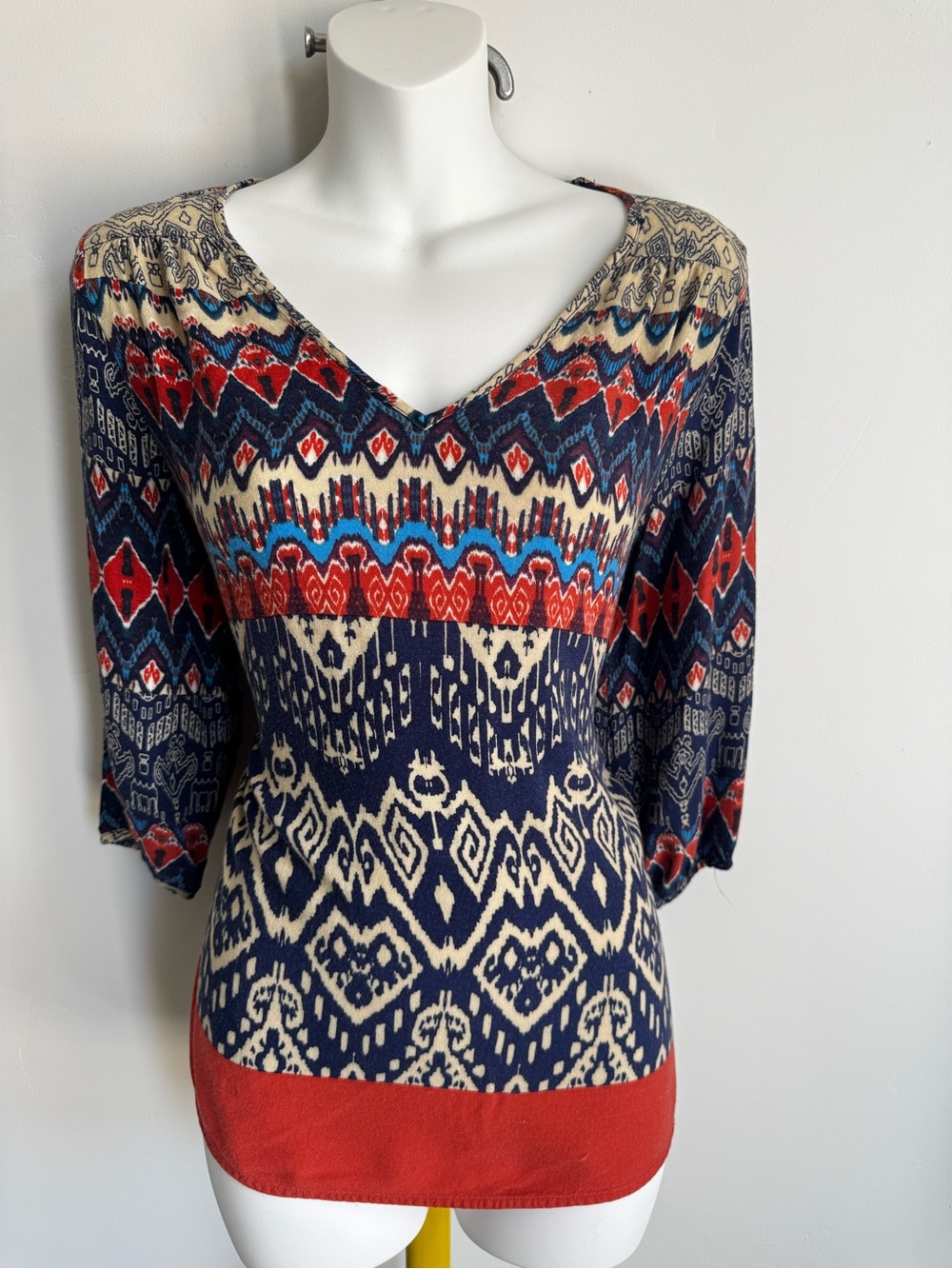 Renee C. Navy Red Cream Patterned V-Neck Long Sleeve Top with Aqua Accents